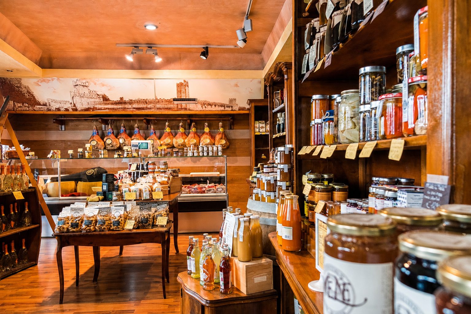 Interno della Gastronomia Enoteca Zanini: banco con prosciutti appesi, formaggi, vini e prodotti selezionati