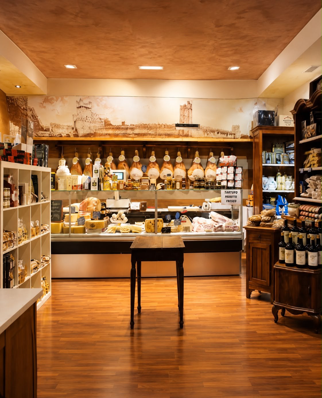 Interno della Gastronomia Enoteca Zanini: banco salumi e formaggi, vini e prodotti selezionati